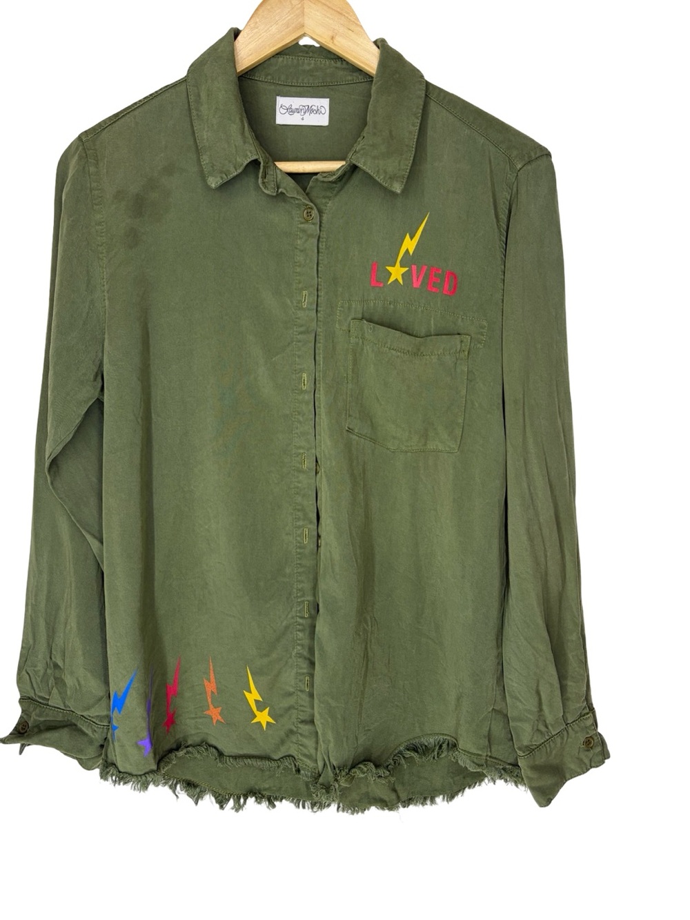 Lauren Moshi Sloane Olive Green Shirt with Subtle Embroidery Accents